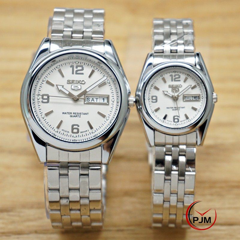 Original Jam Tangan Couple SEIKO Steinless Steel Tanggal + Hari Anti Air Seiko Series 5 Pasangan