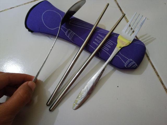 Sendok Set Travel 3 In 1 Stainless + Pouch All In One Garpu Sumpit