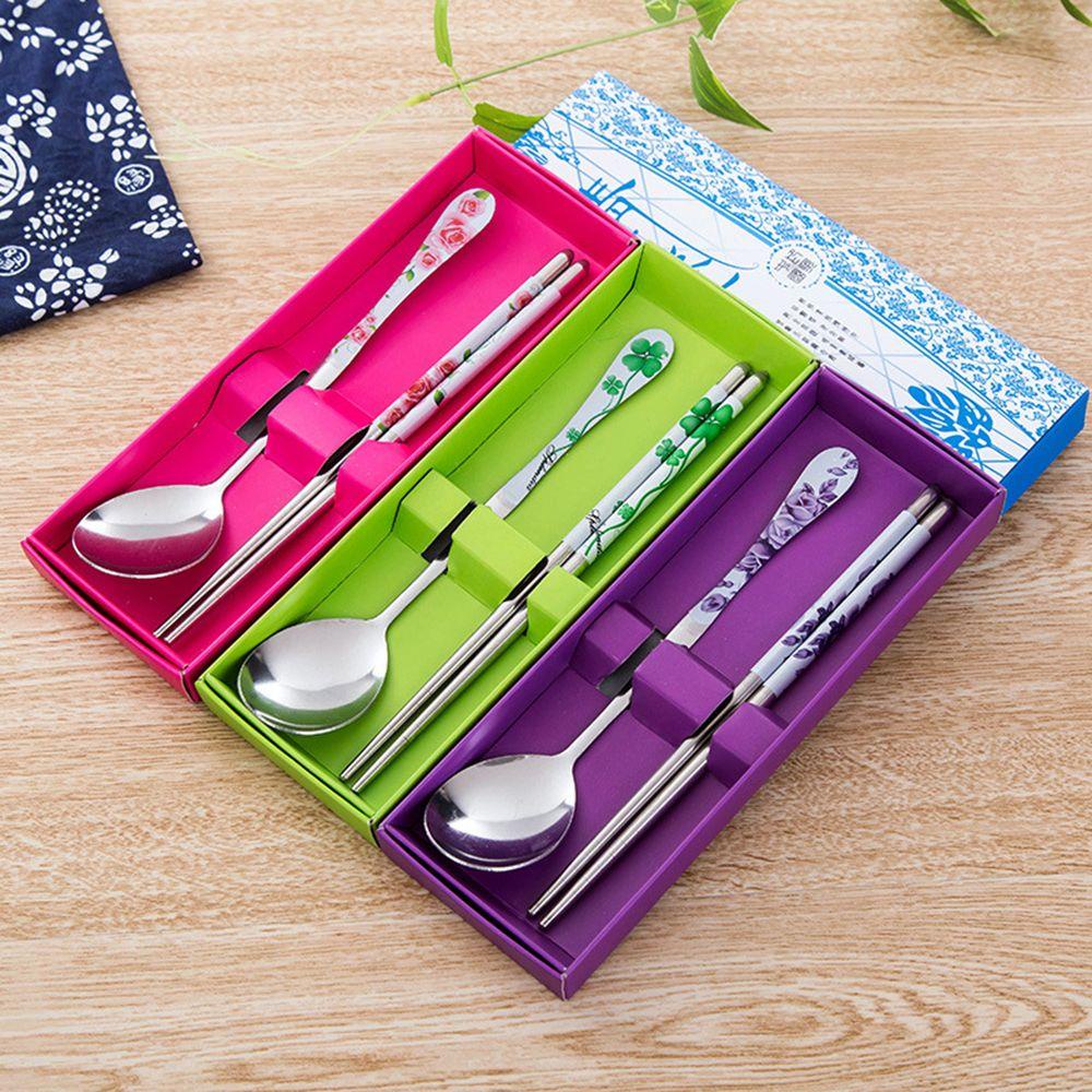 【 ELEGANT 】 Sumpit Stainless Steel Kartun Hadiah Pola Ukiran Pribadi Laser Set Alat Makan Korea