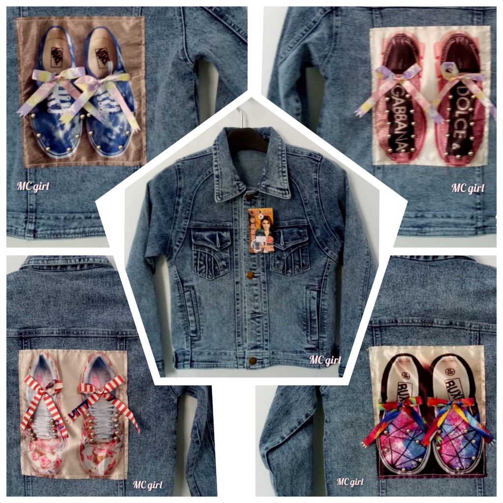 MC girl - Jaket Jeans Snow Gambar Pita Belakang Sequin Anak Tanggung Perempuan / Jaket Lepis Snowblue Gambar Belakang Pita Manik Remaja / Jaket Jins Snow Blue Gambar Sepatu Pita Belakang Wanita