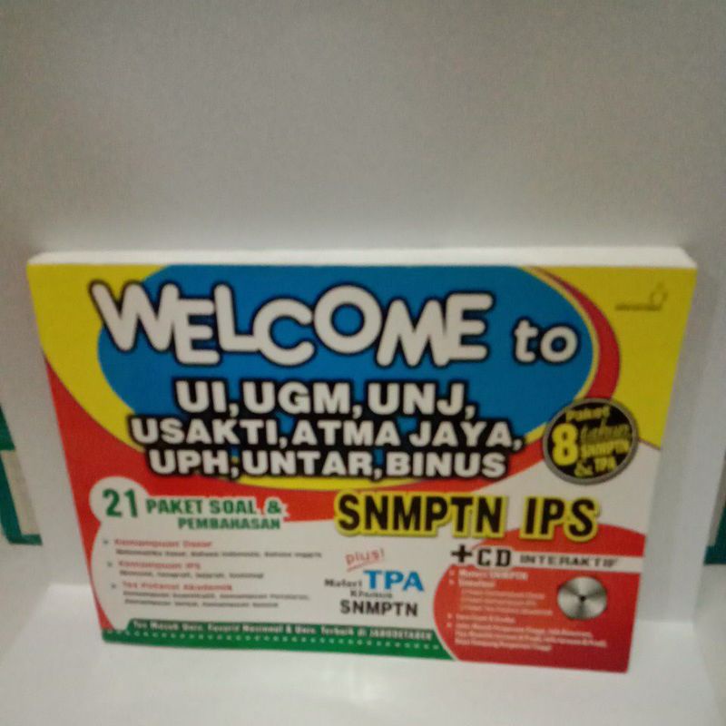 

BUKU WELCOME TO UI, UGM, UNJ, USAKTI, ATMA JAYA, UPH, UNTAR, BINUS SNMPTN IPS + CD INTRAKTIF