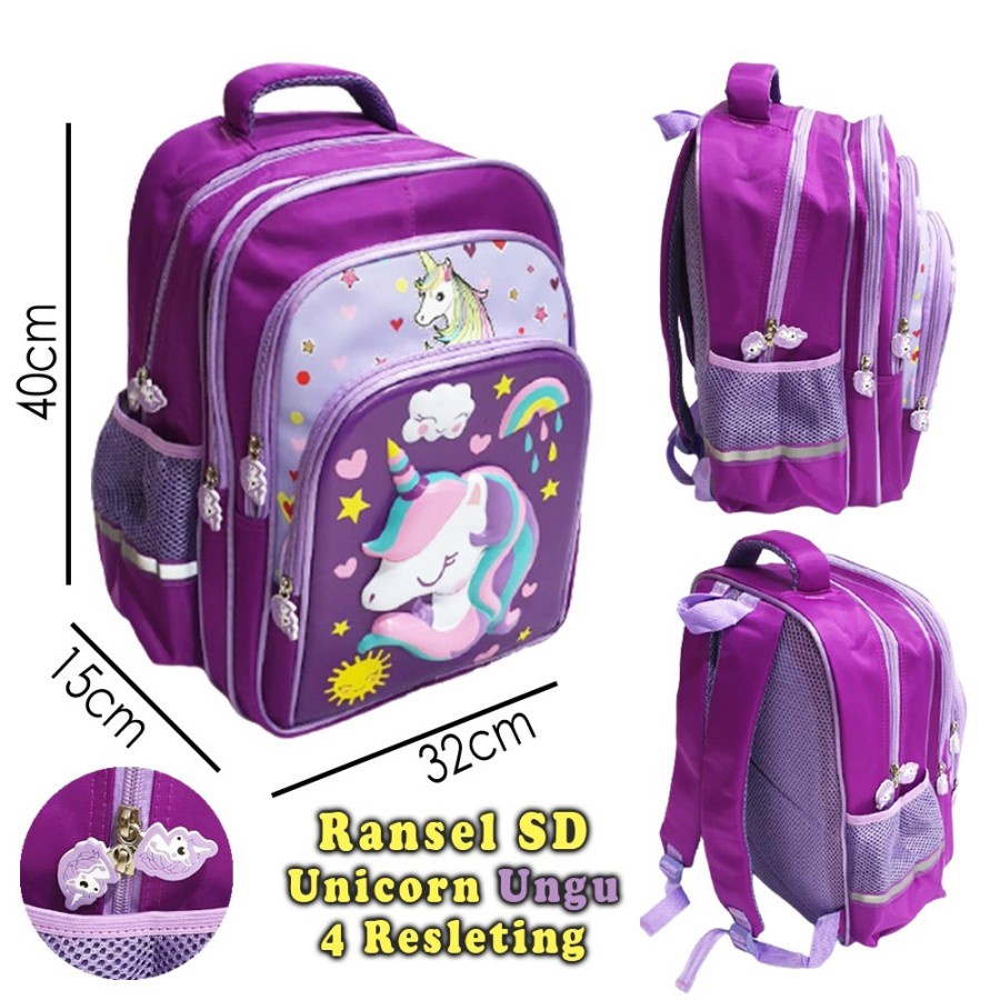 Tas Ransel Sekolah SD Anak Perempuan (16inch) KUDA AJAIB Love Sun Snow Four TIMBUL 4Resleting Kantung Besar