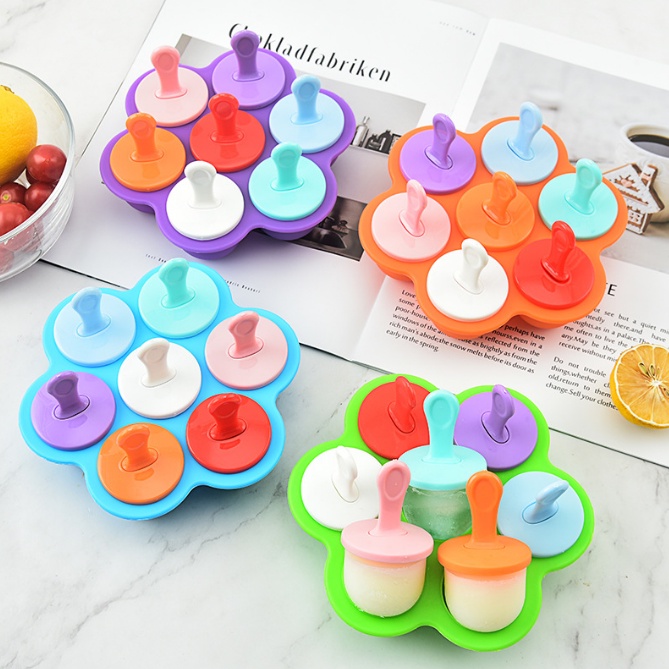 cetakan es cream silikon bulat isi 7 cups / Baby Popsicle Molds Fruit Ice Pop Maker DIY Ice Cream Maker Cetakan Es Krim Stik Lolipop / Cetakan Es Loli / Buah / Makanan Bahan Silikon Dengan 7 Lubang