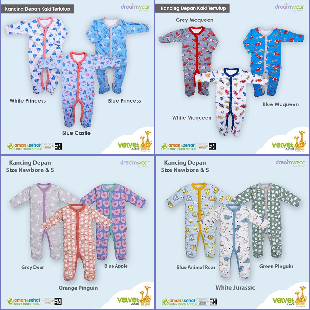 Sleepsuit VELVET DREAMWEAR TUTUP Kaki NB S M L BOY &amp; GIRL TERTUTUP sleep suit dream wear new born