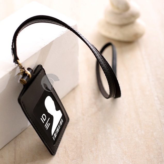 

Name Tag ID Card Holder Temboro Black Kalung Premium ID Badge Leather Clip Gantungan Identitas