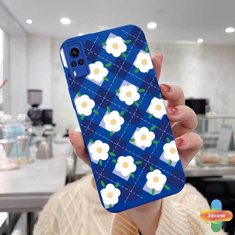 Case Samsung A32 A52 A12 A51 A03S A10S A50 A20S J7 Prime A02S A20 A72 A50S A10 A30S A52S A30 M12 M10 M01S A54 A15 A16 A9 A5 Y12 Y20 A12 Klein Blue Plaid White Flower Anti-fall Case