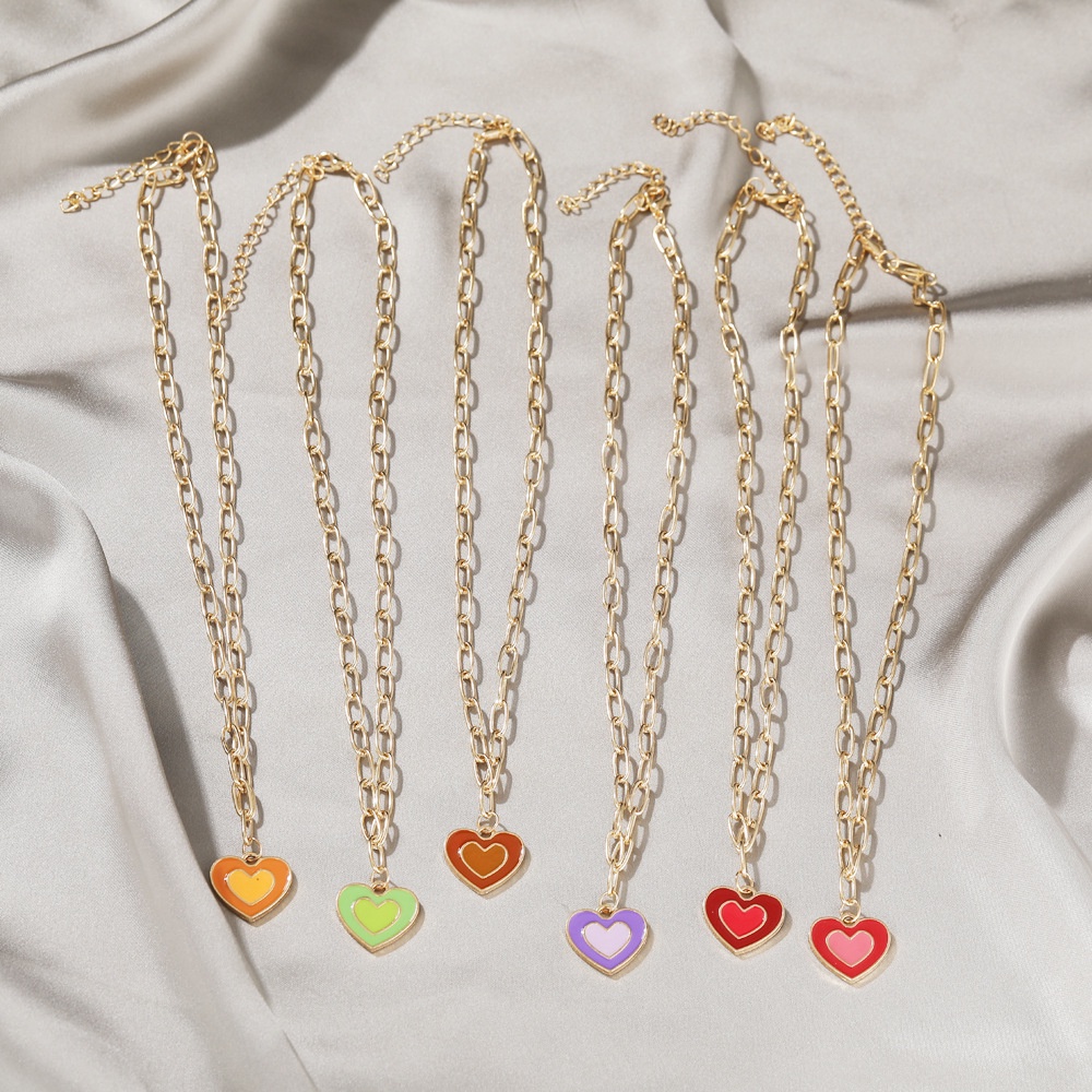 Y2K Girl Wind Dripping Color Glaze Double Heart Necklace for Women Fashion Pendant Necklace