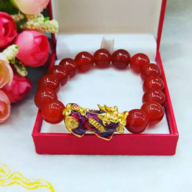 Gelang naga pixiu batu natural agate cakra lapis emas 18K import