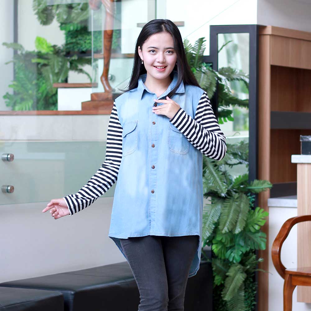BAJU WANITA KASUAL BAHAN JEANS ATASAN CEWEK LENGAN PANJANG 798