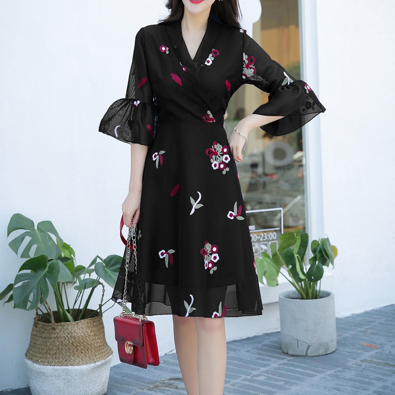 Dress Midi Lengan Setengah Bahan Sifon Motif Bunga Gaya Korea