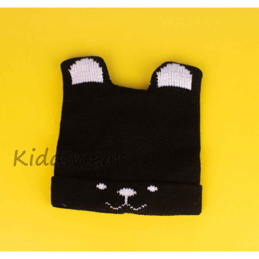 (Kiddiwear) TOPI RAJUT ANAK 1-3 tahun laki -laki dan perempuan Kupluk Motif Anjing TP2-hitam