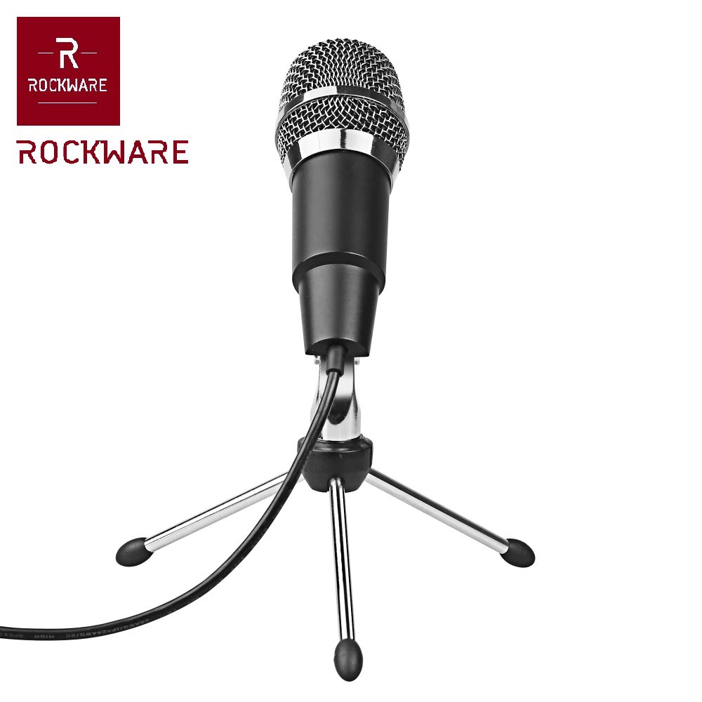 ROCKWARE Professional Condenser Microphone 3.5mm with Mini Tripod - Mikrofon Untuk PC/Laptop