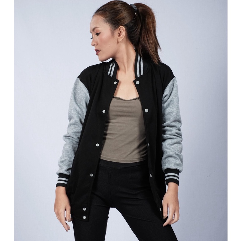 Jaket Baseball Polos Bahan Tebal pria wanita | Jaket baseball varsity-hitam abu