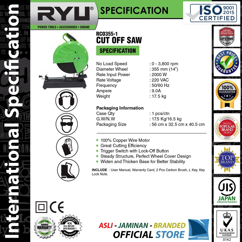 Mesin Potong Besi Pisau 14&quot; inch Batu Lurus 2.000 watt - Cut Off Saw RCO355-1 RYU