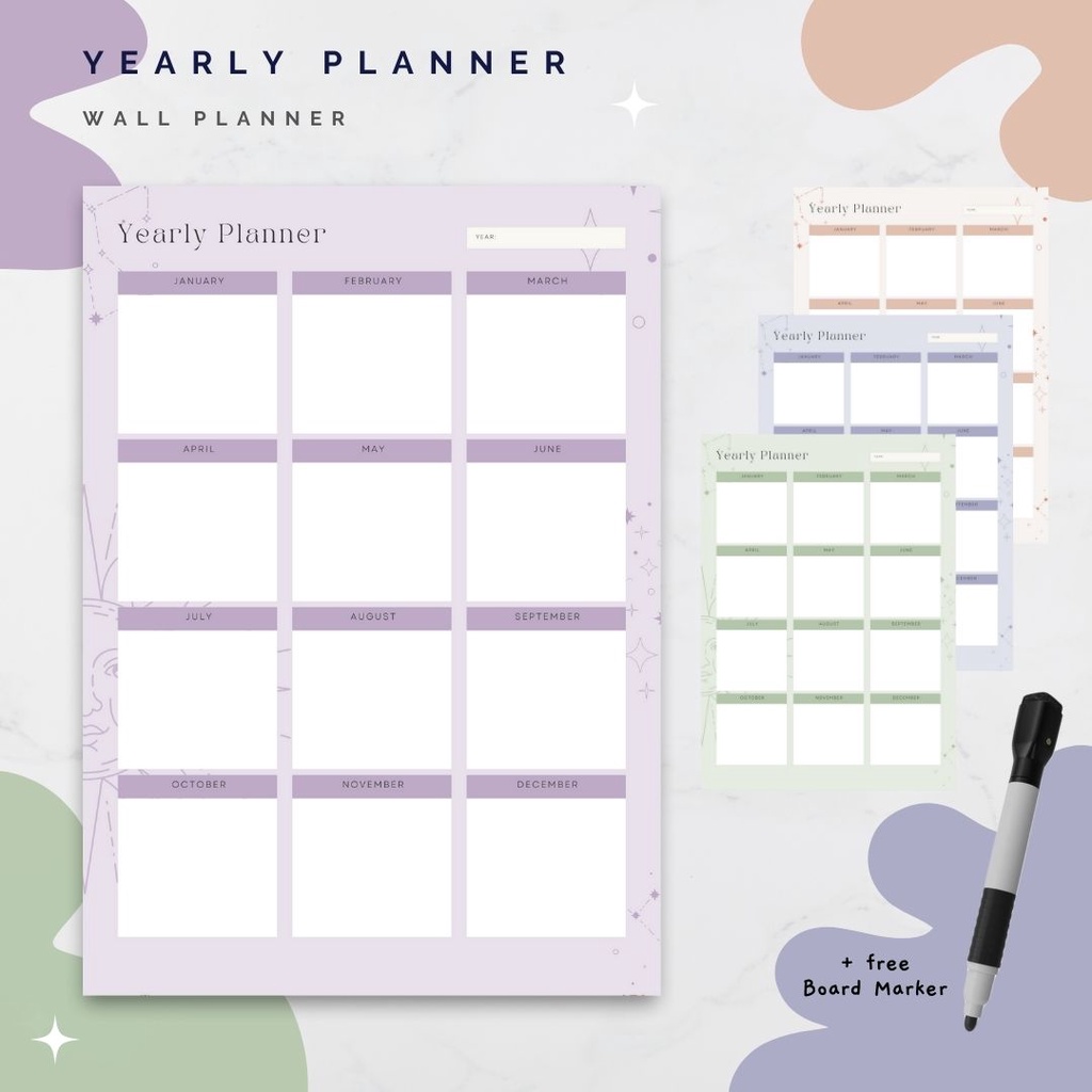 

Wall Planner Solucine - Bohemian Series - Yearly Planner, Monthly Planner, Weekly Planner, Daily Planner, Meal Planner - Free spidol + Reuseable - A3 / A4