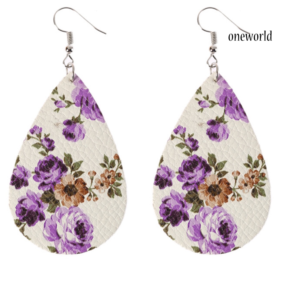 OW@ Boho Women Floral Pattern Teardrop Dangle Faux Leather Hook Earrings Jewelry