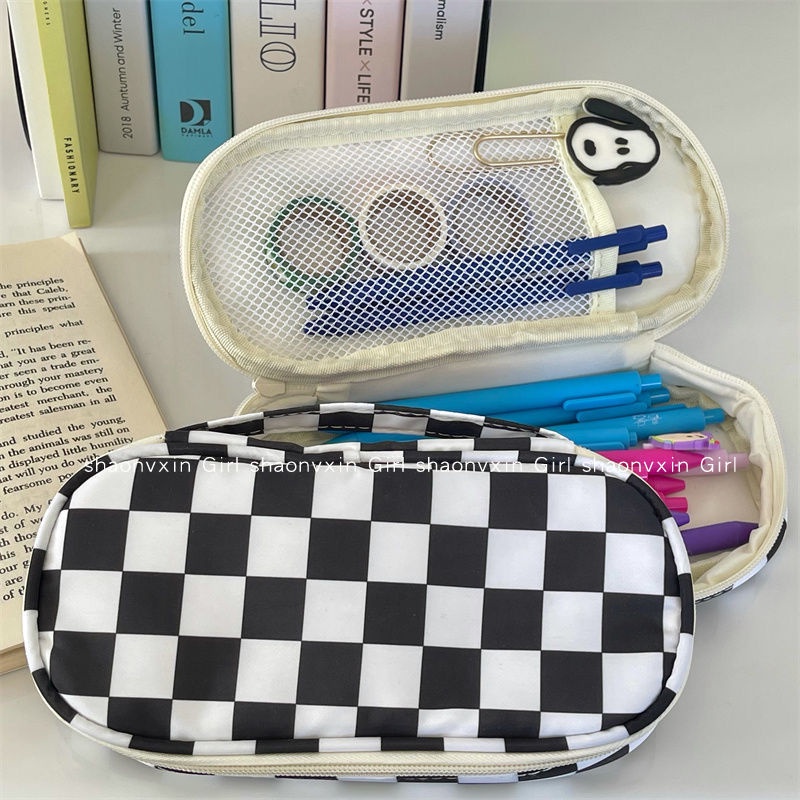 Sera Xiaohongshu Blogger dengan Kotak Pensil Kotak-kotak Yang Sama Sederhana Kotak Pensil Berkapasitas Besar Siswa Sekolah Menengah Pertama Kotak Alat Tulis Kotak Pensil Wanita