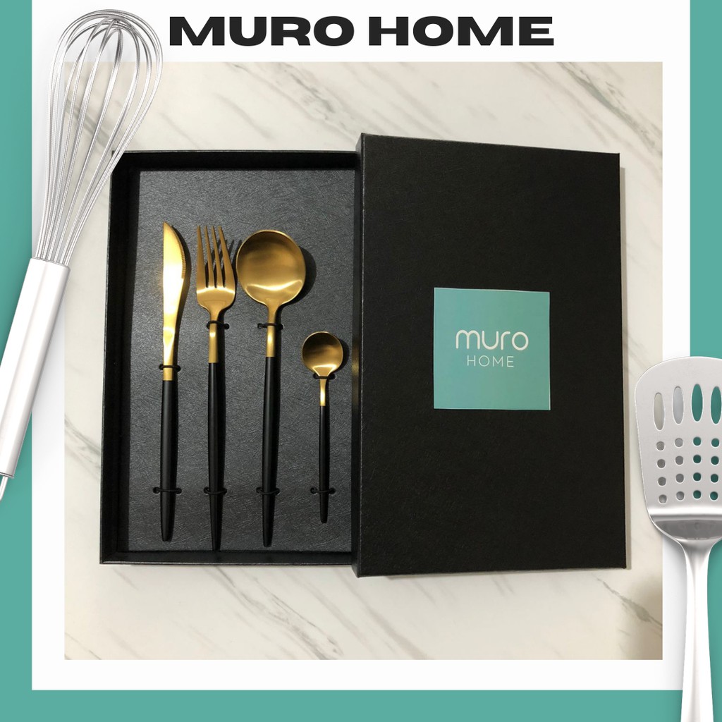 Sendok Makan Cutlery Korea Garpu Set Box Stainless Steel Travel Gold Emas Peralatan Makan Korea