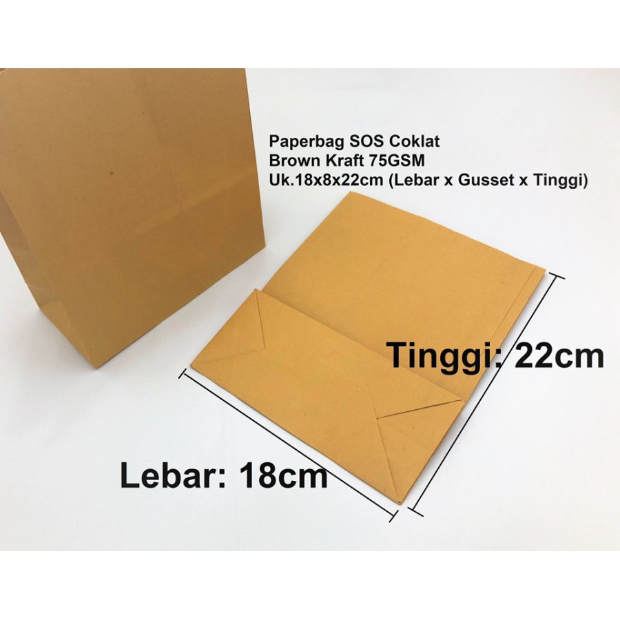 

Kantong Kertas Makanan Besar Polos / Bungkus Paperbag SOS Kantong Kertas Coklat Size 18x8x22cm