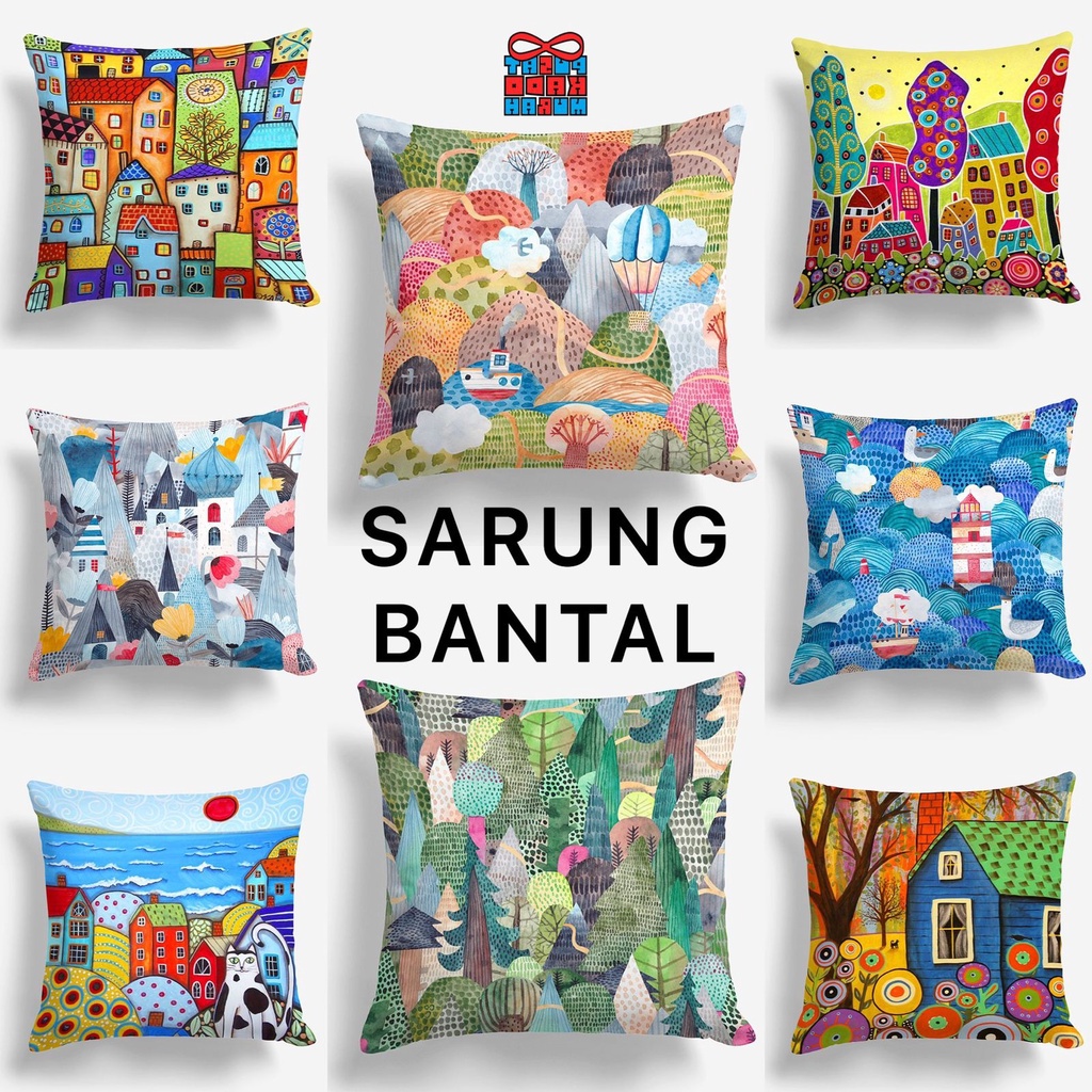 COVER SARUNG Bantal Sofa Print Motif Lukisan Rumah Retro Painting 40x40 cm - PUSAT KADO MURAH