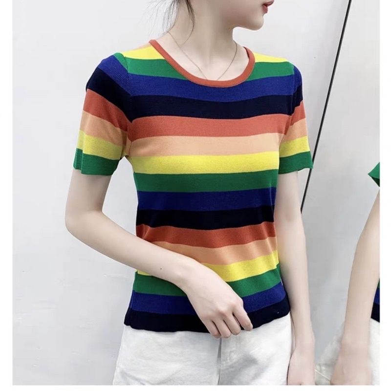 MDLV ~ 2766 RAINBOW KNIT TSHIRT // KAOS RAJUT CEWEK IMPORT // FASHION IMPORT WANITA