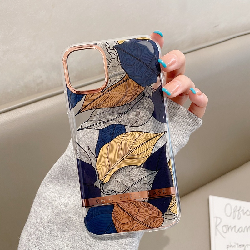 High-end electroplating Casing iPhone 12 11 Pro Max X XR XS XS 7 8 Plus SE 2020 Silicone Flowers and leaves Case soft tpu  casing-White yellow leaves
