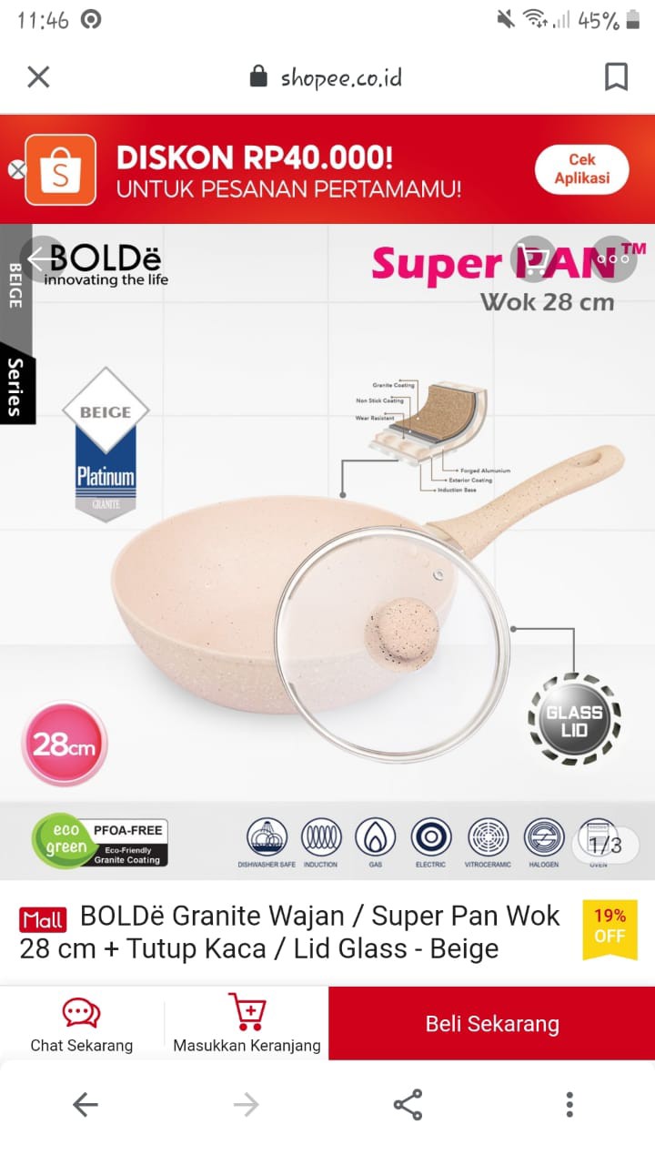 Bolde Super Pan Granite + Tutup Kaca 28cm Beige Induksi Glass Lid