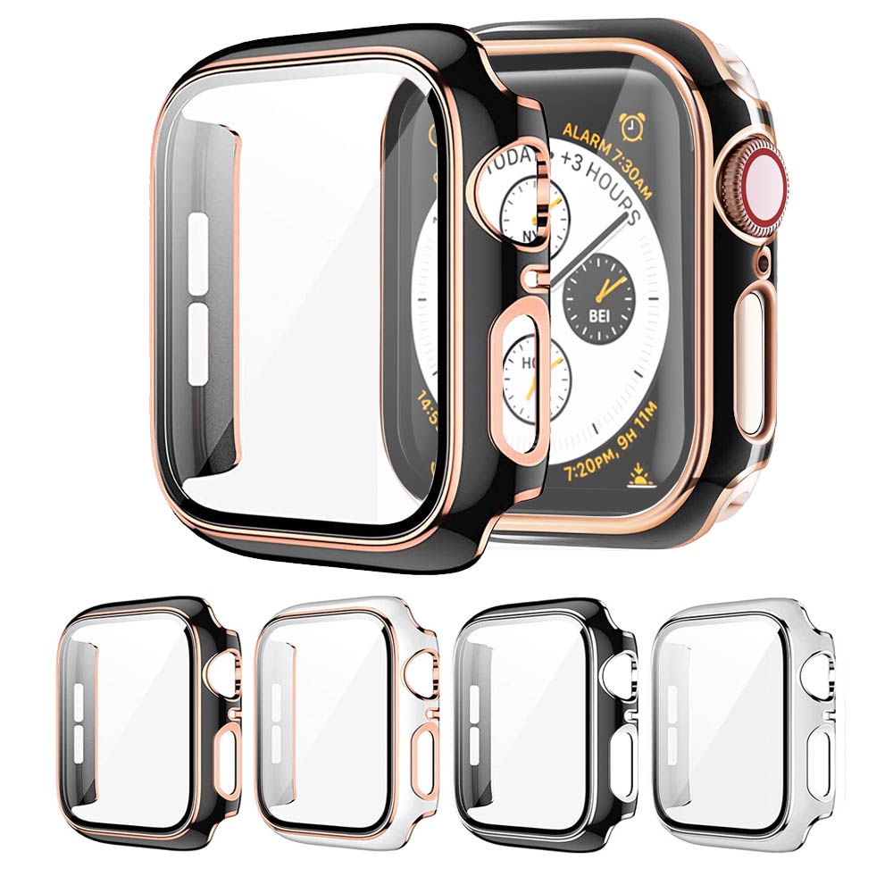 Cakupan penuh kasus PC keras dengan pelindung layar kaca tempered kompatibel untuk Apple Watch 45mm 41mm 44mm 40mm 42mm 38mm Seri 8/7/SE/6/5/4/3/2/1