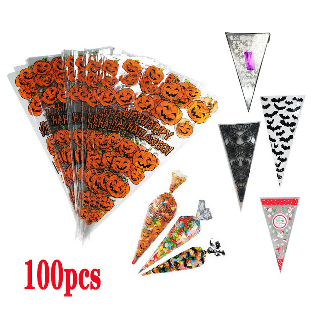 100pcs / set Kantong Plastik OPP Bentuk Segitiga Untuk Permen / Es Krim / Natal / Halloween