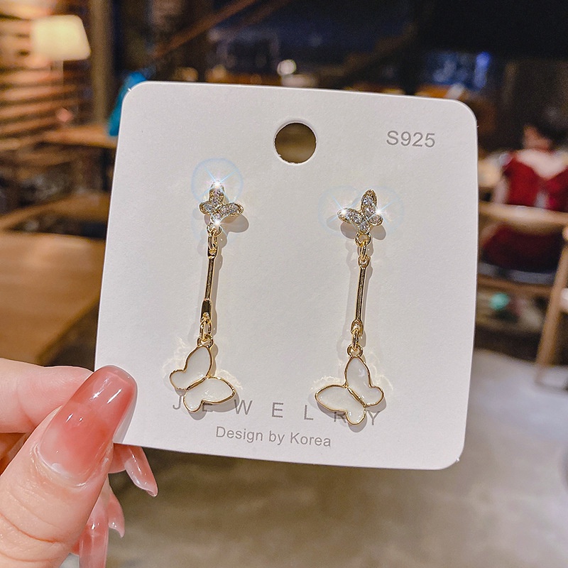 Anting Stud Desain Kupu-Kupu Lukisan Minyak Berlian Bahan S925 Silver