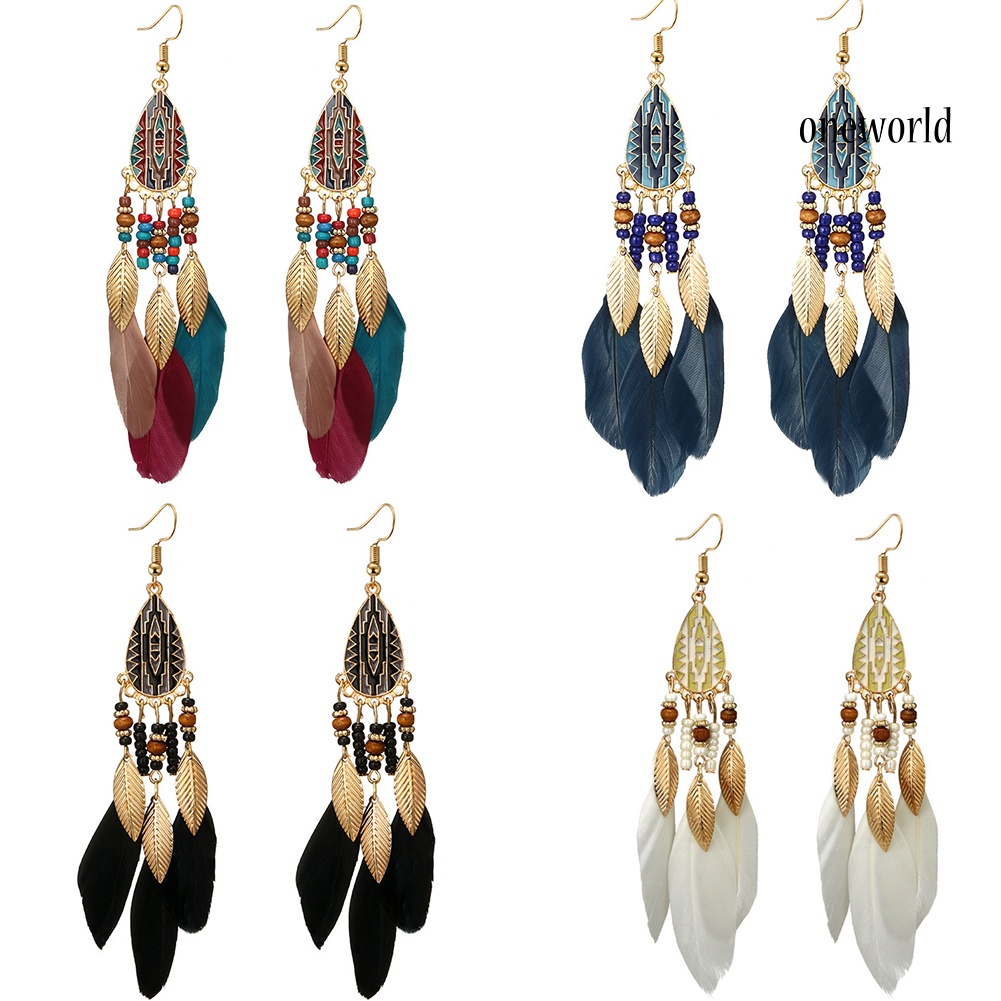 OW@ Ethnic Style Hook Women Earrings Long Feather Charm Jewelry Ornament Gift