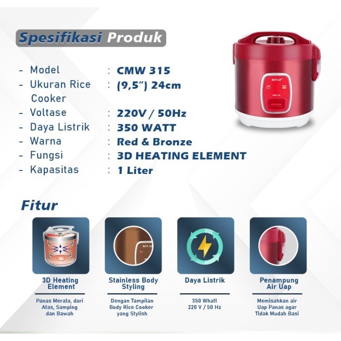 SEKAI Rice Cooker 3in1 CMW 315 Penanak Nasi CMW315 Stainless 1 Lt