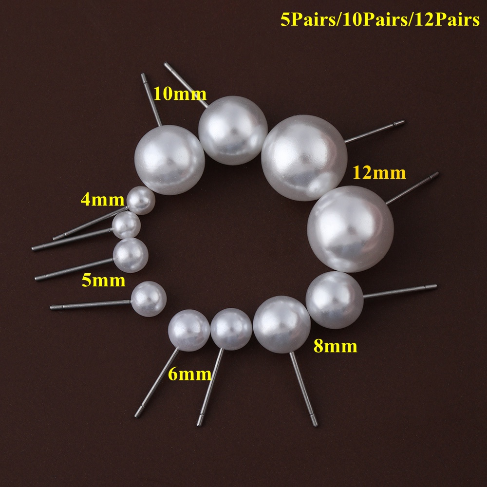 5 Pasang / 10 Pasang / 12 Pasang Anting Stud Mutiara Bentuk Bulat Ukuran 4mm 5mm 6mm 8mm 10mm 12mm Untuk Wanita