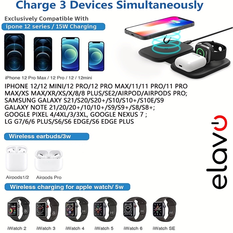 ELAVO Wireless Charger 3 in 1 magnetic apple watch series 7 5 3 1 4 Airpods Earbuds HP Samsung iphone 8 9 XR 12 13 11 charging max