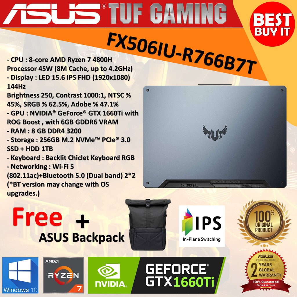 LAPTOP ASUS TUF Gaming A15 FX506IU R7-4800H 8GB 256+ 1TB GTX1660TI 6GB