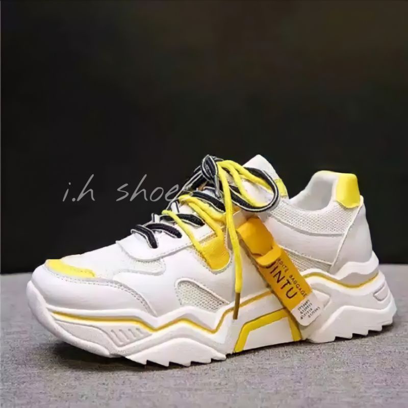 Sepatu Sneakers Snekers Snikers wanita terbaru kekinan Putih Korea Casual Olahraga sport wanita-Kuning putih