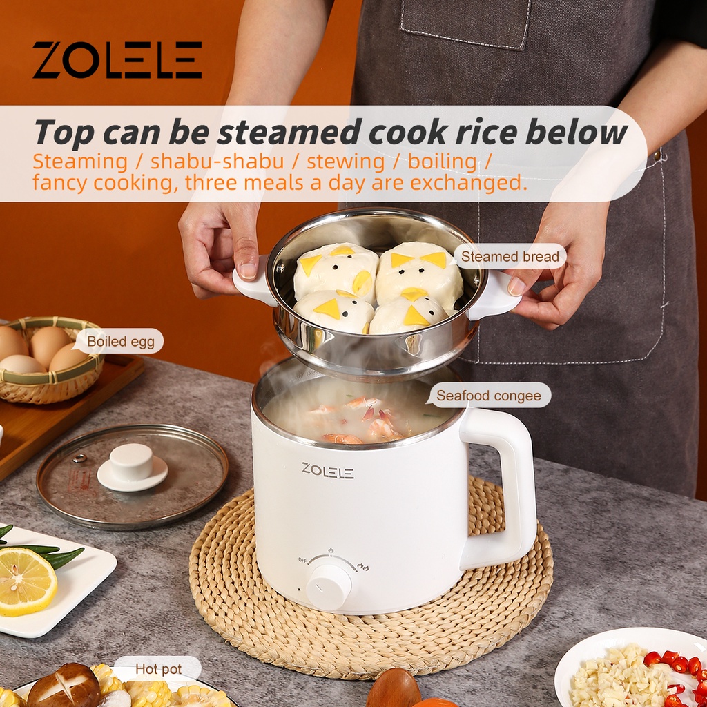 ZOLELE Panci Listrik Serbaguna 2-Layer 1.6L Elektrik Pressure Cooker Low Watt Steamer 4 in 1 Food Frypan Hotpot with Gagang Anti Melepuh Portable Non-stick Peralatan Dapur Home Kitchen ZC301