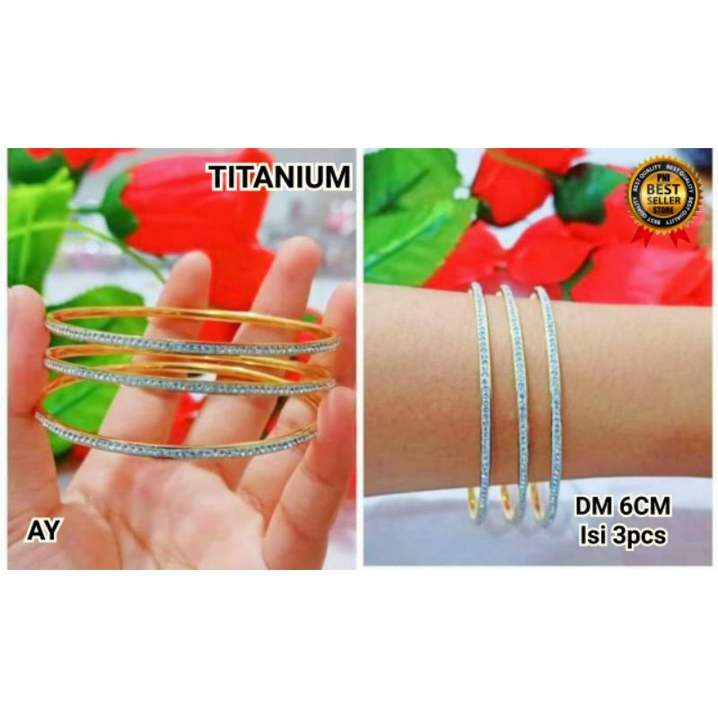 Gelang tangan wanita TITANIUM ASLI isi 3pcs Mewah lapis emas 24k anti karat