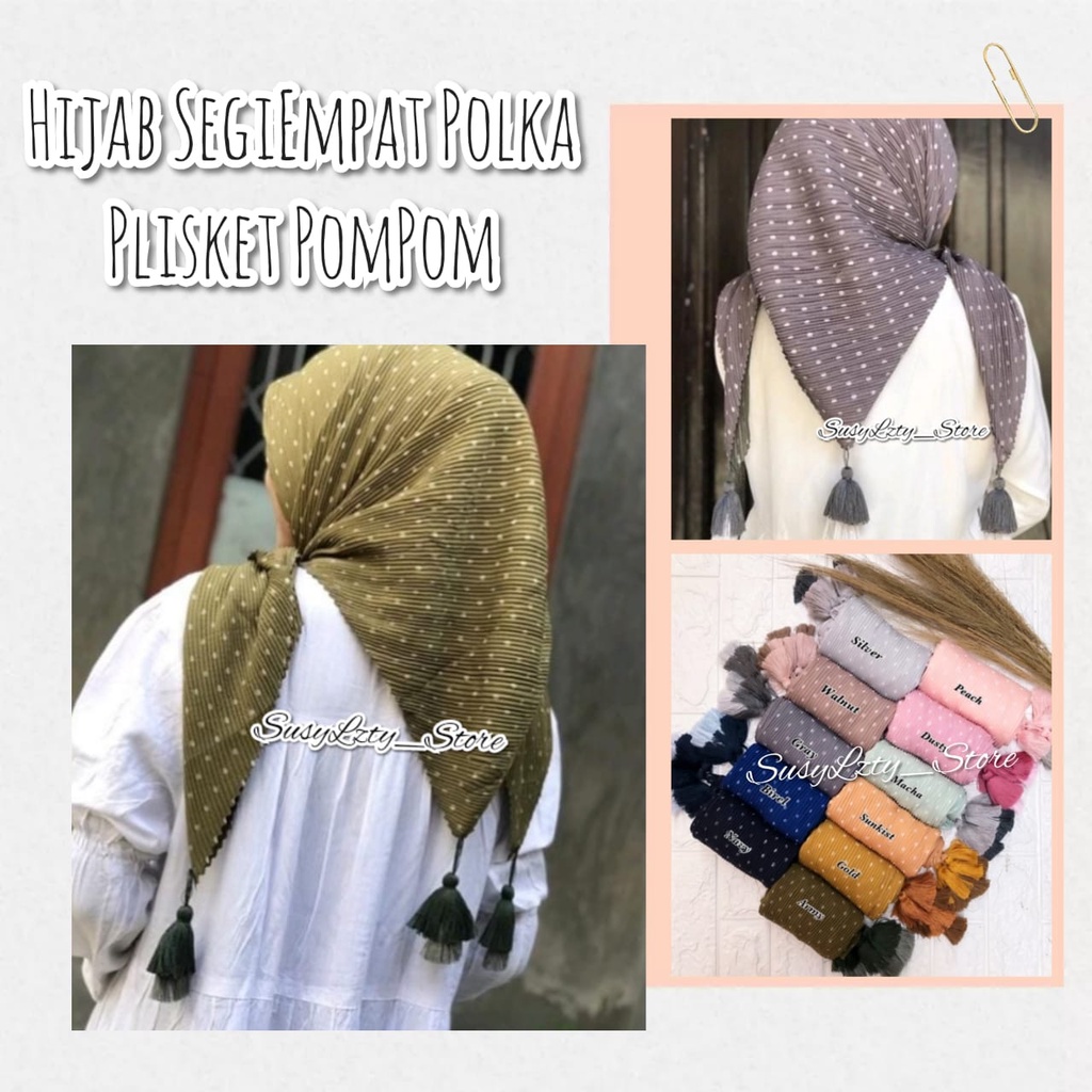 KERUDUNG SEGI EMPAT PLISKET MOTIF POLKADOT POM POM/HIJAB SEGI EMPAT PLISKET MODEL TERBARU/JILBAB SEG
