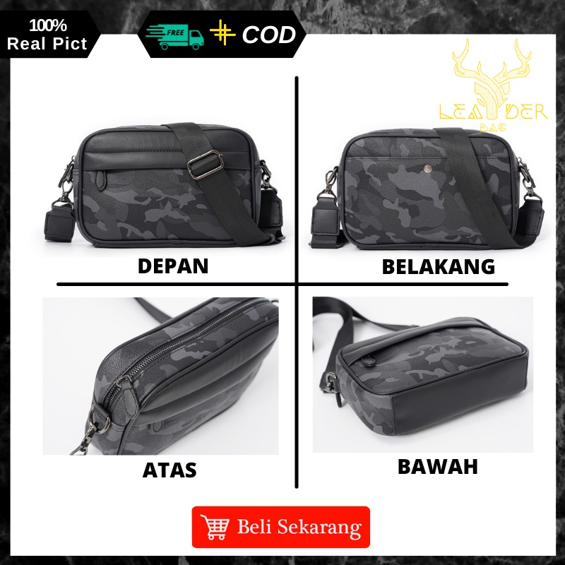 Tas Selempang Kulit Pria Original Waterproof Warna Hitam Loreng Atau Tas Kulit Slingbag Jalan Cowok Terbaru Ori Keren Import Motif Simpel Berkualitas ORIGIN B53