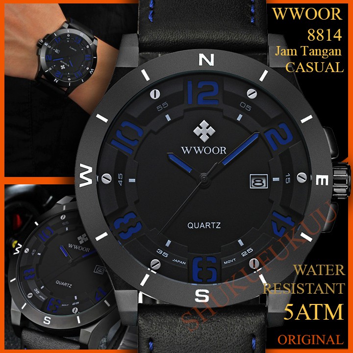 WWOOR 8814 Jam Tangan Pria Anti Air Tali Kulit Black Blue Original