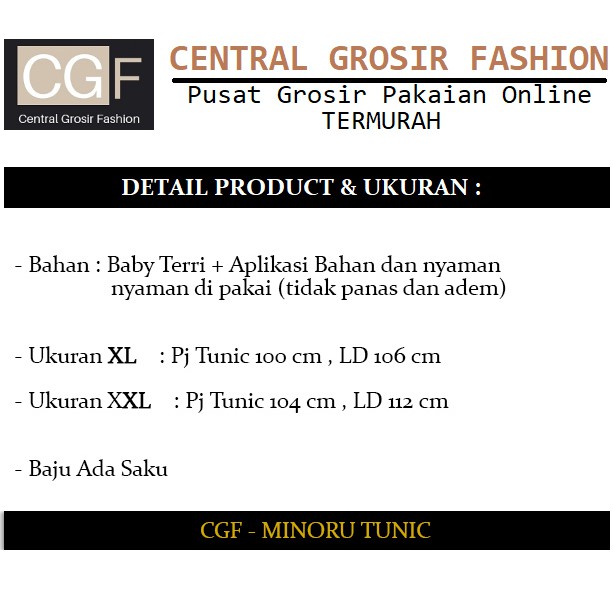 Minoru Tunik - Central Grosir Fashion (CGF) - Ukuran XL-XXL - Matt Baby Terri + Aplikasi Bahan