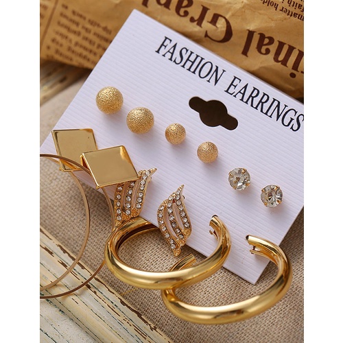 LRC Perhiasan Set Fashion Golden Round Beads Diamonds And Geometric Stud K80249