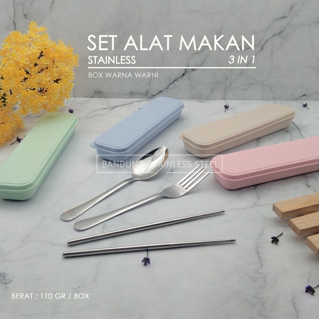 Sendok Garpu Sumpit Set Alat Peralatan Makan Stainless Steel box warna warni 3 in 1