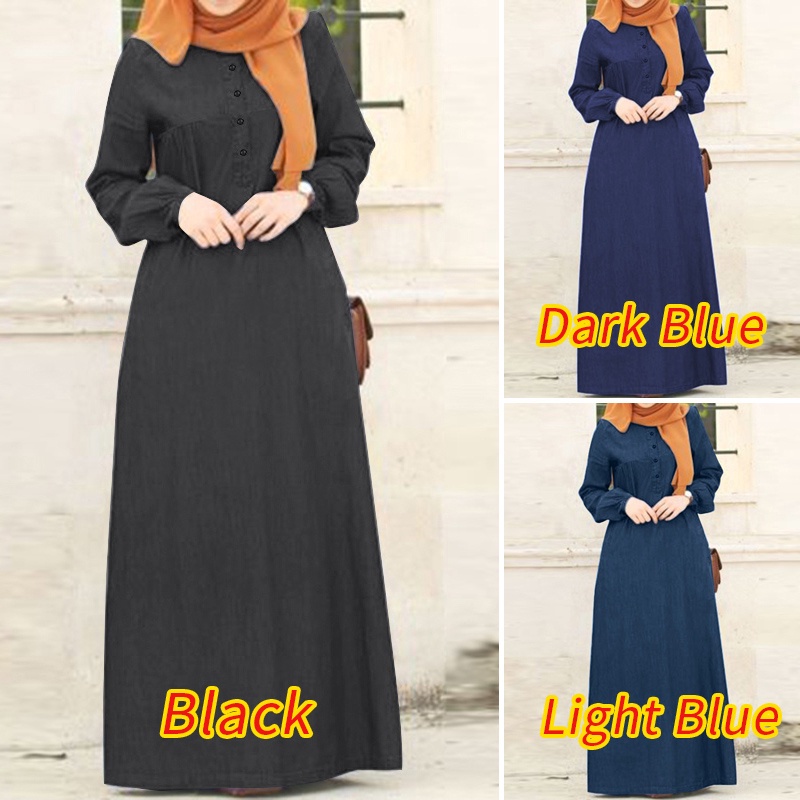 ZANZEA Women Casual Long Sleeve Elastic Cuff Muslim Long Dress