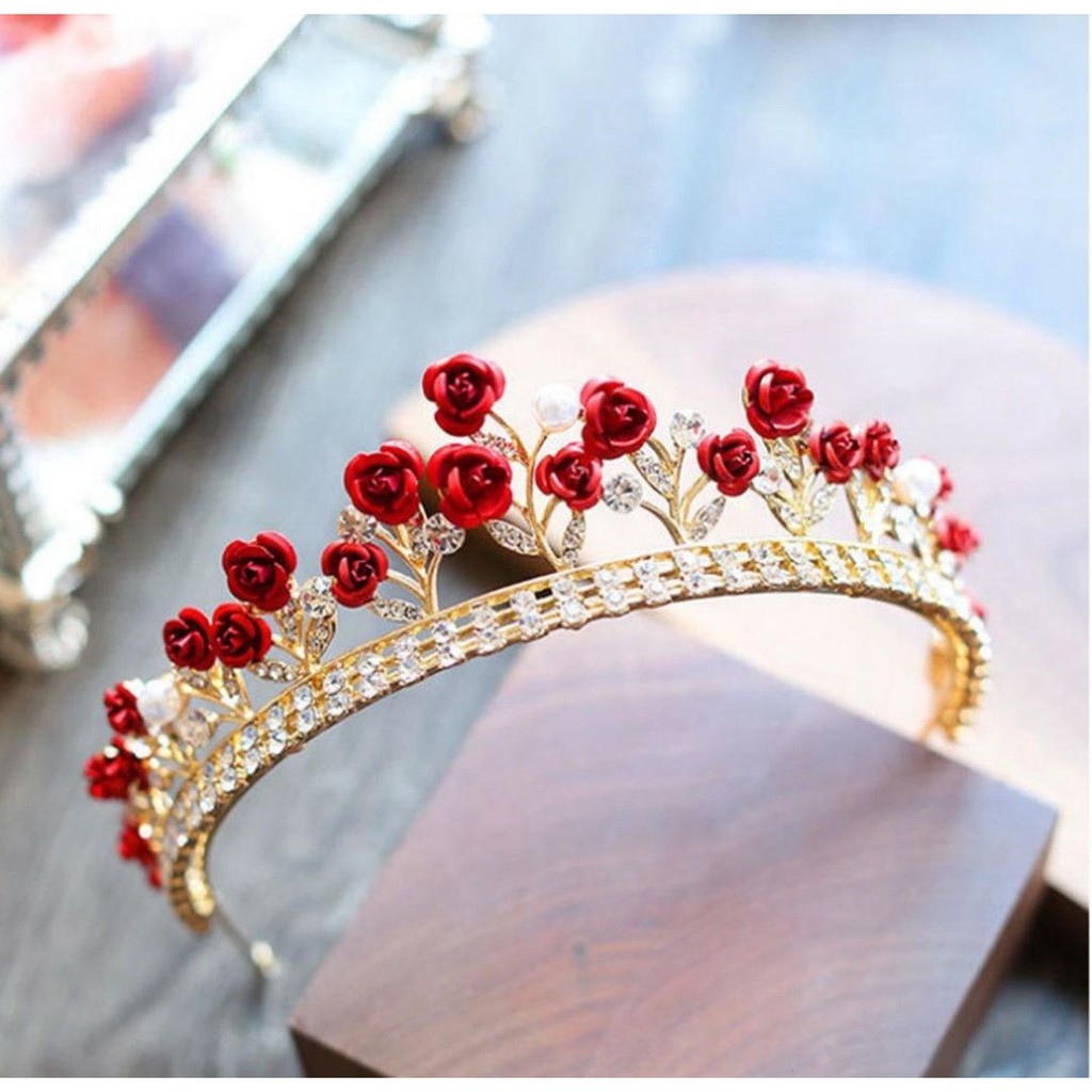 Red Flowers Crown - Mahkota Kristal Ala Tiara Untuk Pengantin Pernikahan