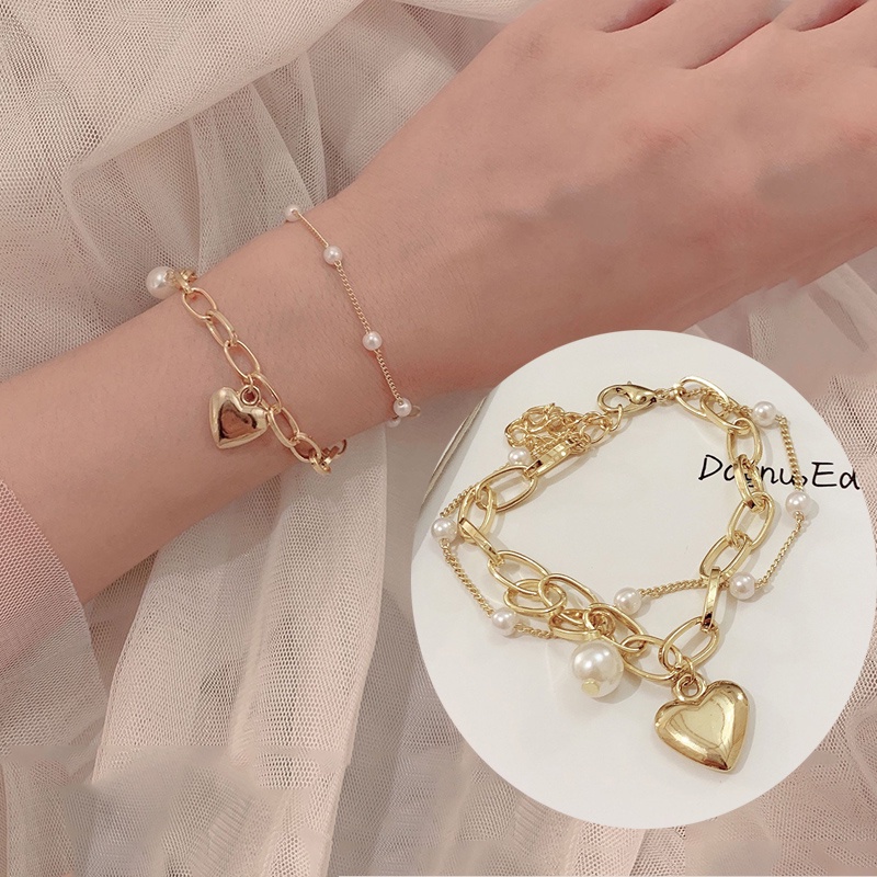 Gelang Rantai Mutiara Double Layer Gaya Korea Jepang