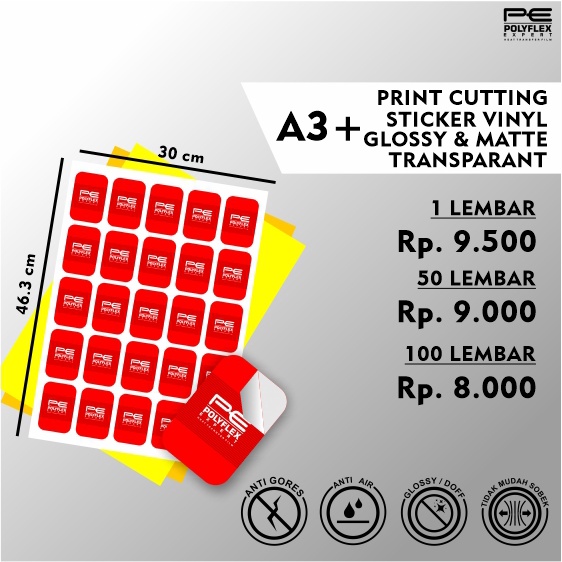 CETAK STICKER VINYL A3+ GLOSSY | DOFT | TRANSPARAN ( PRINT + CUTTING ) KISS CUT