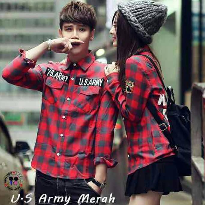 EDISI TERBARU KEMEJA COUPLE US ARMY RED KEBURU HABIS..