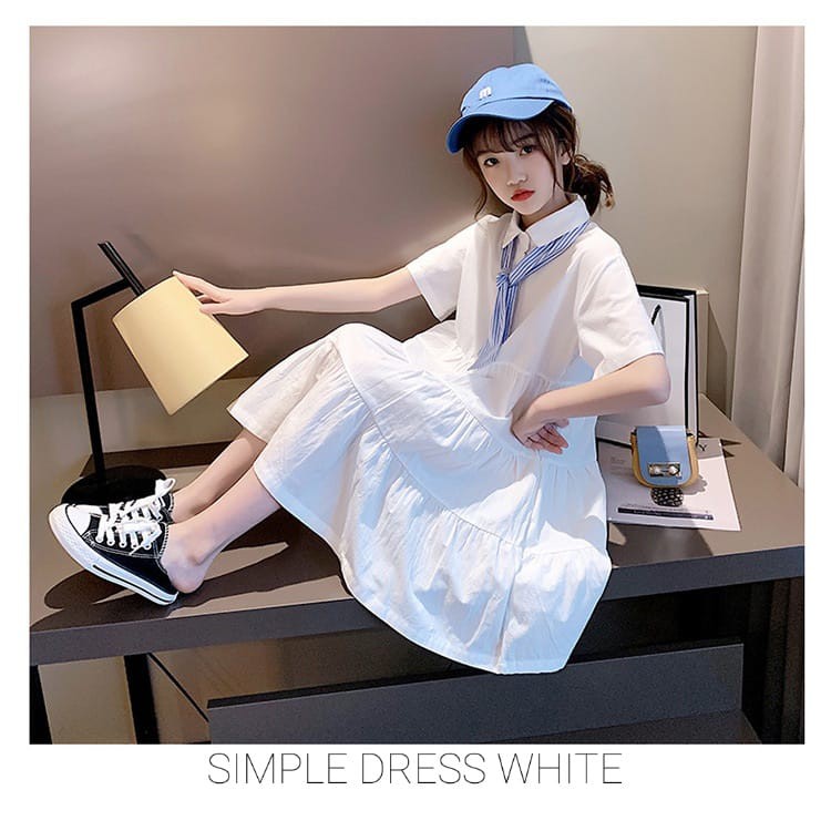 SIMPLE DRESS WHITE / BAJU TERUSAN CASUAL ANAK PEREMPUAN DAILY PUTIH / DRES SIMPLE REMAJA KATUN